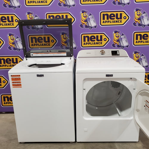 Pictures of Maytag Top Load 4.8 cu ft Washer with Deep Fill and Slow-Close Glass Lid MVW6200KW - Scratch & Dent (Moderate) and Maytag 7.0 cu. ft Top Load Gas Dryer with Moisture Sensing 16222 - MGD6200KW - Scratch and Dent (Major) - Neu Appliance Outlet - Discount Appliance Outlet in Austin, Tx
