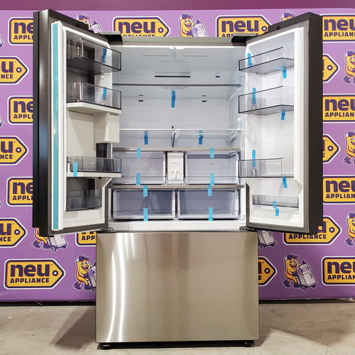 Samsung Bespoke 3-Door French Door RF30BB6600QL Refrigerator on a purple background with 'neu appliance' branding.