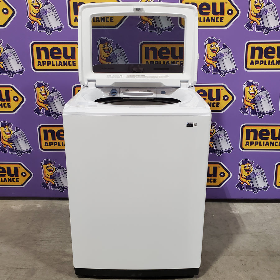 Samsung 5.2 cu. ft. Large Capacity Smart Top Load Washer with Super Speed Wash in White WA52DG5500AW - Open Box and Samsung White Smart Electric 7.4 Cu. Ft. Dryer with Sensor Dry and Steam Sanitize+ 16212 - DVE52A5500W - Scratch & Dent (Minor)