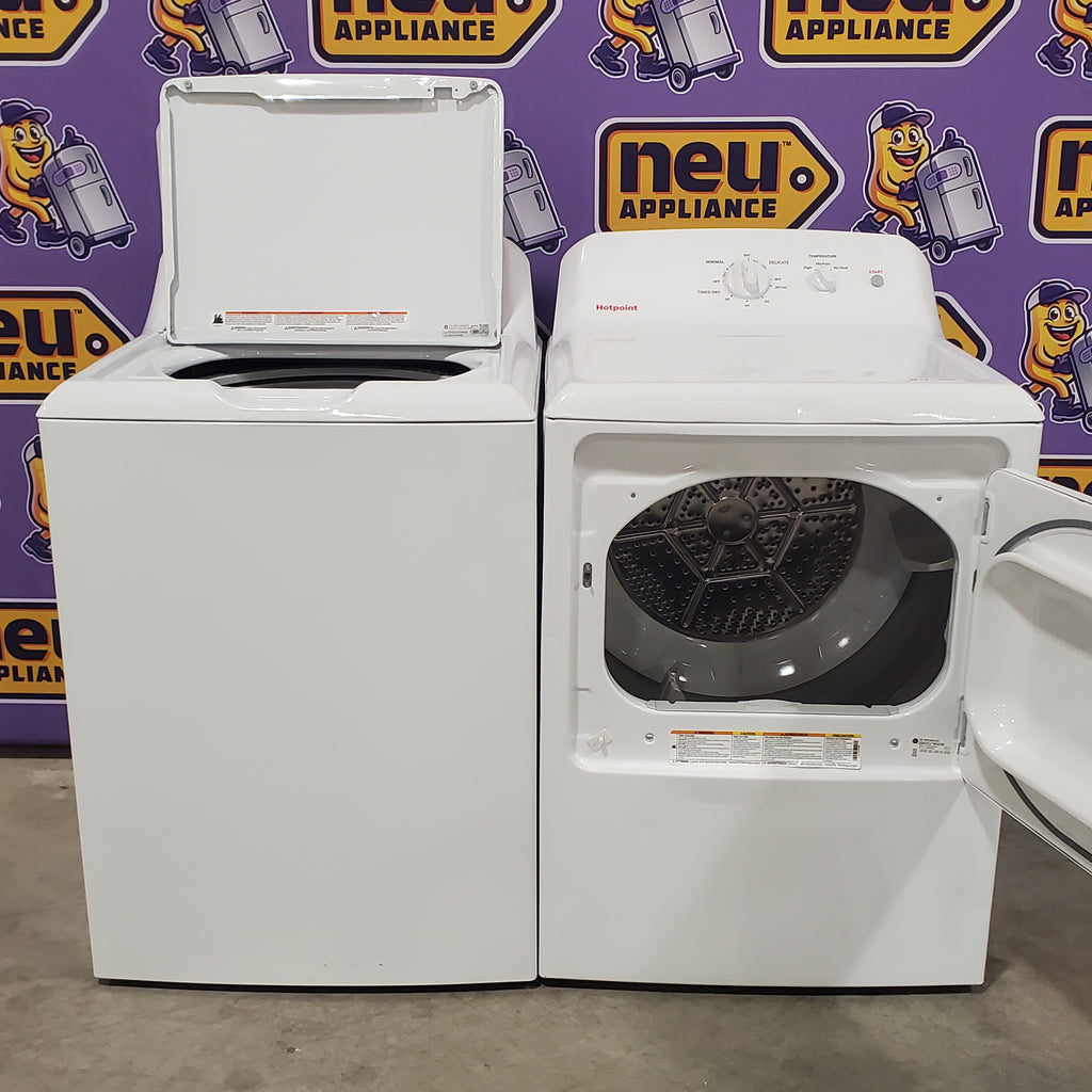Pictures of Hotpoint® 4.0 cu. ft. Capacity Washer with Cold Plus and Water Level Control HTW265ASWWW - Scratch & Dent (Minor) and Hotpoint® 6.2 cu. ft. vented Electric Dryer with Auto Dry 16138 - HTX26EASWWW - Scratch & Dent (Moderate) - Neu Appliance Outlet - Discount Appliance Outlet in Austin, Tx