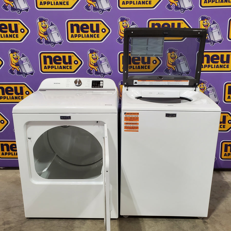 Maytag Top Load 4.8 cu ft Washer with Deep Fill and Slow-Close Glass Lid MVW6200KW - Open Box and Maytag 7.0 cu ft Electric Dryer with Moisture Sensing and Quick Dry Cycle 16220 - MED6200KW - Scratch & Dent (Minor)