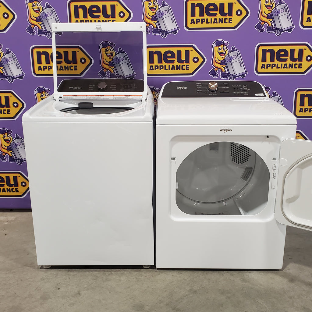 Whirlpool 4.6 Cu. Ft. Top Load Impeller Washer with Built-in Faucet WTW5020SW  - Scratch & Dent (Moderate) and Whirlpool® 7.0 Cu. Ft. Electric Dryer with Moisture Sensor and Steam Refresh Cycle 16144 - WED6150PW - Open Box