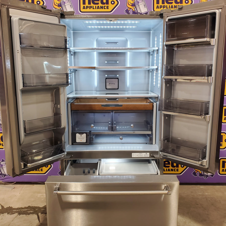 KitchenAid 23.8 cu. ft. Counter-Depth French Door Platinum Interior Refrigerator with PrintShield™ Finish 31133SD123 - KRFC704FPS - Scratch and Dent (Moderate)