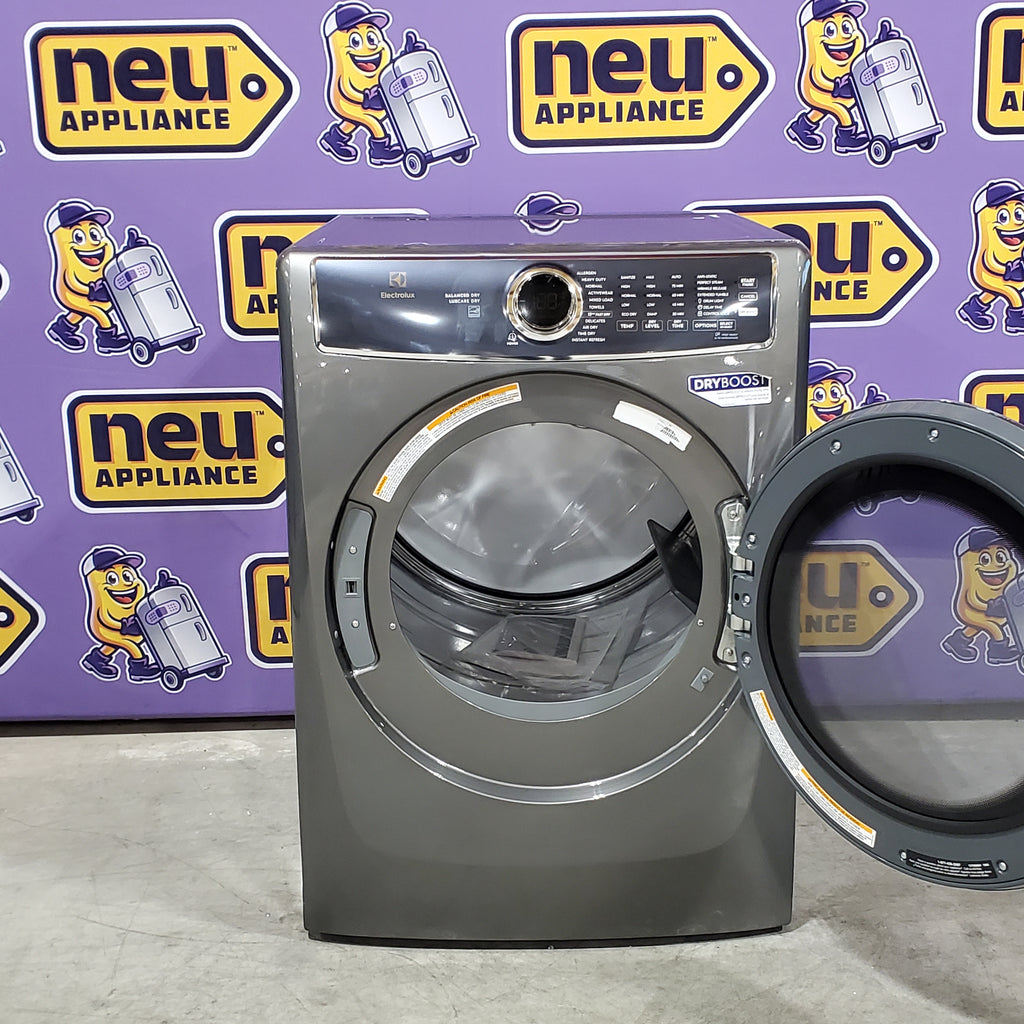 Electrolux Titanium Front Load 600 Series 4.5 Cu. Ft. Washer with Smartboost ELFW7637AT - Scratch & Dent (Minor) and Electrolux 8 cu. ft. vented Front Load Stackable 600 Series Electric Dryer with LuxCare Dry 16098 - ELFE7637AT - Scratch & Dent (Moderate)