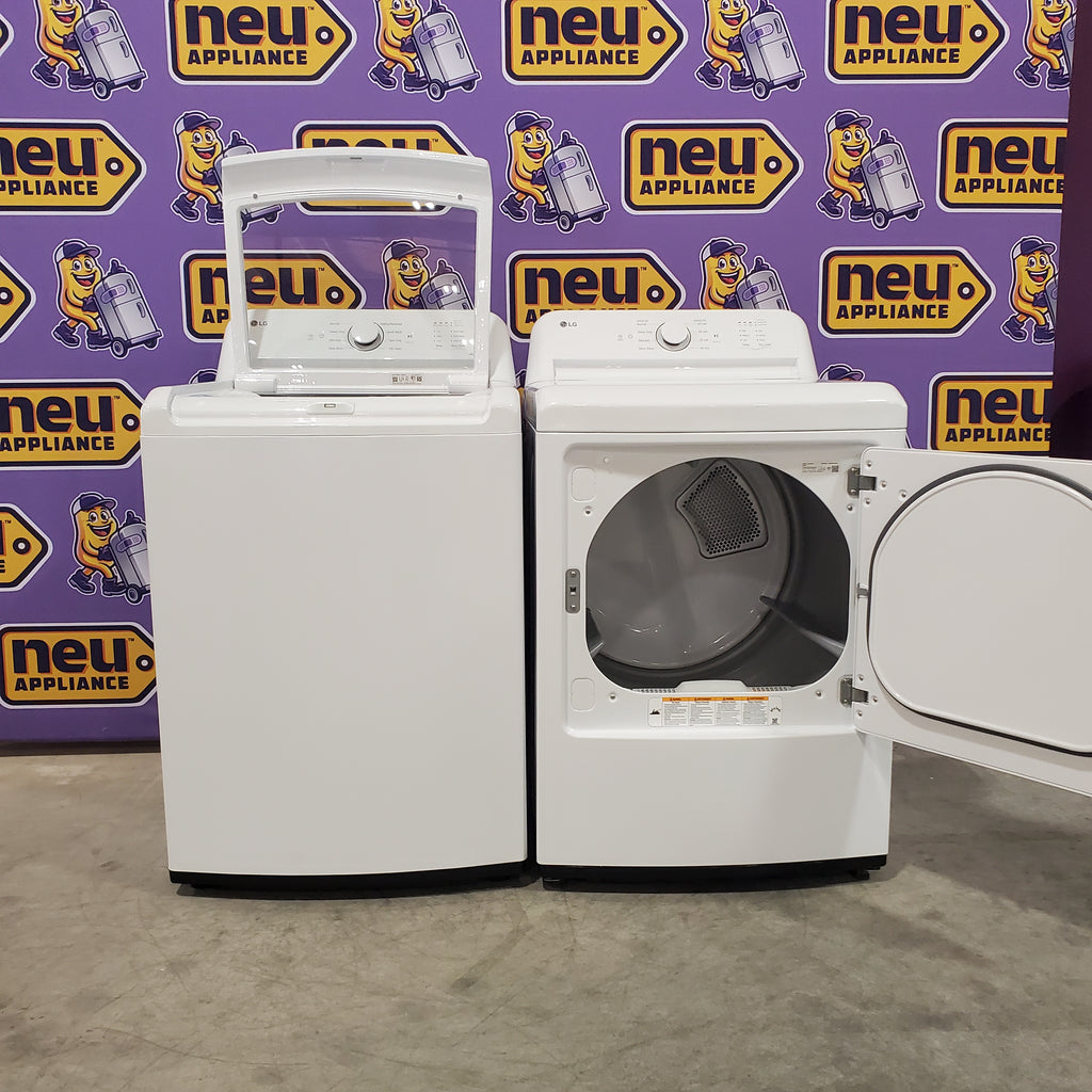 Pictures of LG White Top Load 4.1 Cu. Ft. Washer with TurboDrum Technology WT6105CW - Scratch & Dent (Minor) and LG 7.3 Cu. Ft. Electric Rear Control Ultra Large Capacity Dryer in White with Sensor Dry DLE6100W - Open Box - Neu Appliance Outlet - Discount Appliance Outlet in Austin, Tx