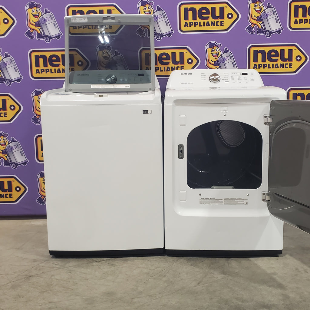 Pictures of Samsung 4.5 cu. ft. Top Load Washer with Vibration Reduction Technology+ in White WA45T3200AW - Certified Refurbished and Samsung 7.2 cu. ft. Electric Dryer with Sensor Dry in White DVE45T3200W - Certified Refurbished - Neu Appliance Outlet - Discount Appliance Outlet in Austin, Tx