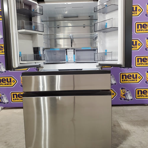 Samsung Bespoke 4-Door French Door Refrigerator RF29BB8600QL doors on a purple background with 'neu appliance' branding.