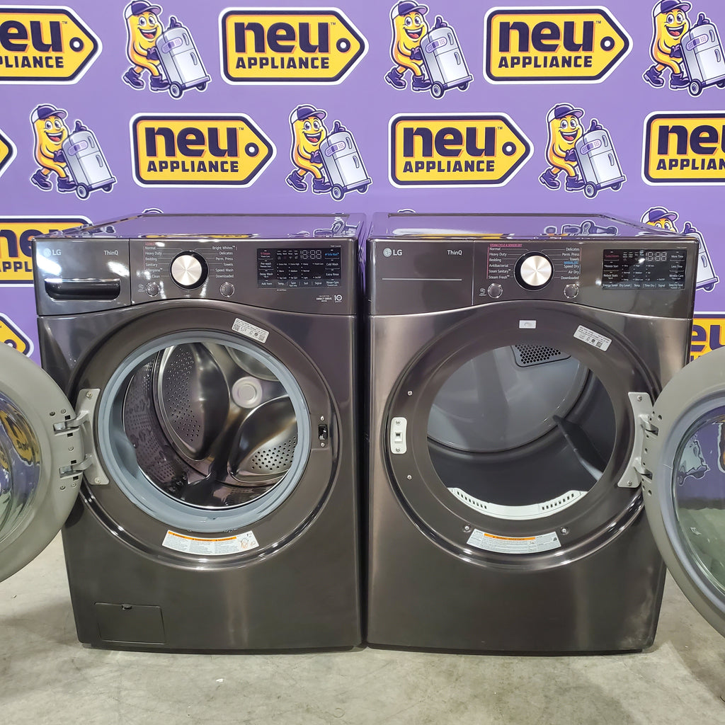 Pictures of LG Front Load 4.5 Cu. Ft. Washer with TurboWash 360 Technology WM4000HBA - Scratch & Dent (Minor) and LG Smart Wi-Fi Enabled Front Load Electric 7.4 Cu. Ft. Dryer with TurboSteam 16202 - DLEX4000B - Scratch & Dent (Major) - Neu Appliance Outlet - Discount Appliance Outlet in Austin, Tx