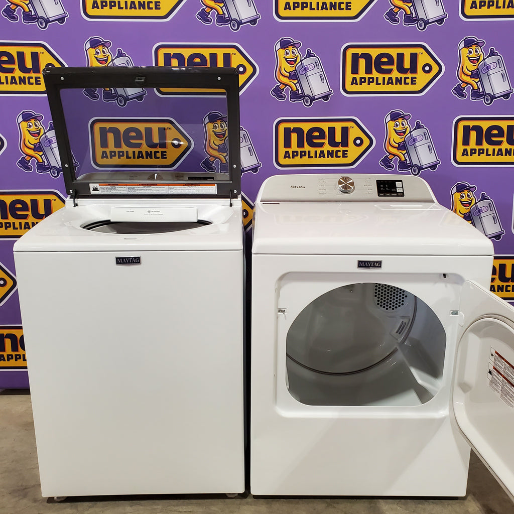 Pictures of Maytag Top Load 4.8 cu ft Washer with Deep Fill and Slow-Close Glass Lid MVW6200KW - Scratch & Dent (Minor) and Maytag 7.0 cu. ft Top Load Gas Dryer with Moisture Sensing 16223 - MGD6200KW - Scratch and Dent (Moderate) - Neu Appliance Outlet - Discount Appliance Outlet in Austin, Tx