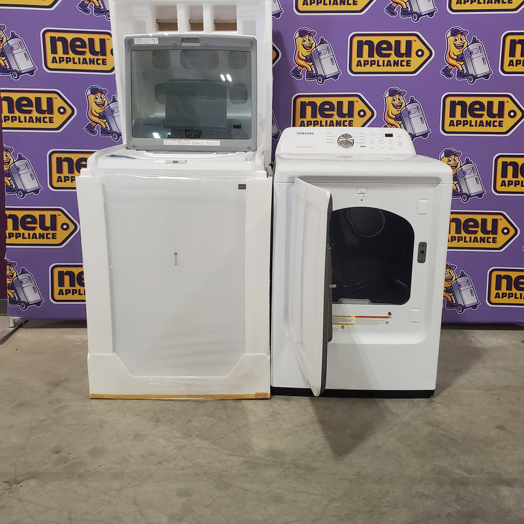 Pictures of Samsung Top Load 4.5 Cu. Ft. Washer with Soft Close Lid and Vibration Reduction Technology+ WA45T3200AW - New in Box and Samsung 7.2 cu. ft. Electric Dryer with Sensor Dry in White DVE45T3200W - Scratch and Dent (minor) - Neu Appliance Outlet - Discount Appliance Outlet in Austin, Tx