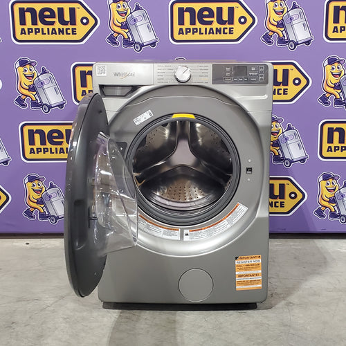 Whirlpool WFW5720RR Washer on a floor with a purple background featuring 'neu Appliance' logos.