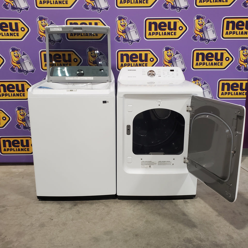 Pictures of Samsung 4.5 cu. ft. Top Load Washer with Vibration Reduction Technology+ in White WA45T3200AW - Open Box and Samsung 7.2 cu. ft. Electric Dryer with Sensor Dry in White 16120 - DVE45T3200W - Open Box - Neu Appliance Outlet - Discount Appliance Outlet in Austin, Tx