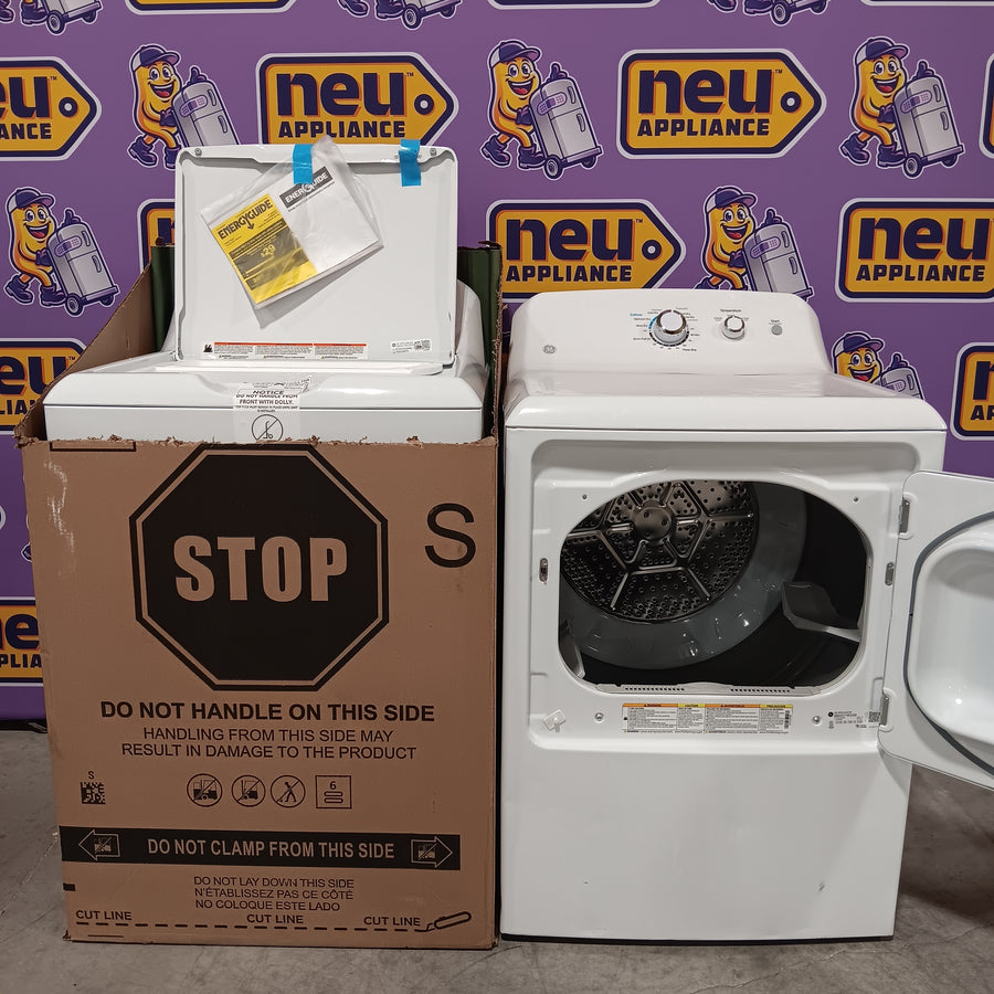 GE White Top Load 4.0 Cu. Ft. Capacity Washer with Stainless Steel Wash Basket GTW325ASWWW - New in Box and GE® 7.2 cu. ft. Capacity Aluminized Alloy Drum Electric Dryer 16236 - GTD33EASKWW - Certified Refurbished