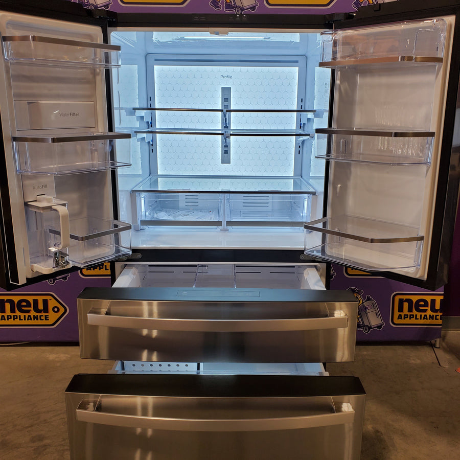 GE Profile 28.7 cu. ft. 4-Door French Door Refrigerator in Stainless Steel with Dual-Dispense Autofill Pitcher 22136SD342 - PGE29BYTFS - Scratch & Dent (Moderate)