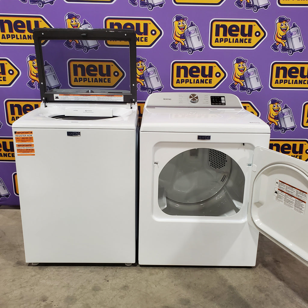 Pictures of Maytag Top Load 4.8 cu ft Washer with Deep Fill and Slow-Close Glass Lid MVW6200KW - Scratch & Dent (Minor) and Maytag 7.0 cu ft Electric Dryer with Moisture Sensing and Quick Dry Cycle 16164 - MED6200KW - Open Box - Neu Appliance Outlet - Discount Appliance Outlet in Austin, Tx