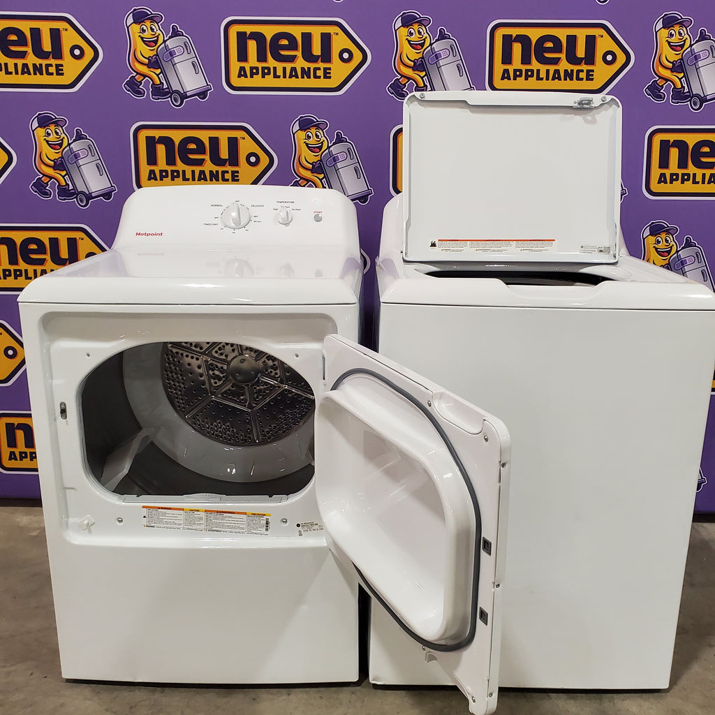 Pictures of Hotpoint® 4.0 cu. ft. Capacity Washer with Cold Plus and Water Level Control HTW265ASWWW - Scratch & Dent (Major) and Hotpoint 6.2 cu. ft. Capacity Electric Dryer with Up To 120 ft. Venting and Shallow Depth 16177 - HTX26EASWWW - Scratch & Dent (Minor) - Neu Appliance Outlet - Discount Appliance Outlet in Austin, Tx