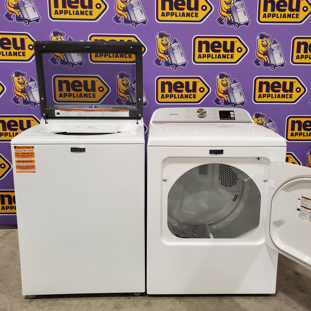 Pictures of Maytag Top Load 4.8 cu ft Washer with Deep Fill and Slow-Close Glass Lid MVW6200KW - Scratch & Dent (Minor) and Maytag 7.0 cu ft Electric Dryer with Moisture Sensing and Quick Dry Cycle 16161 - MED6200KW - Scratch & Dent (Minor) - Neu Appliance Outlet - Discount Appliance Outlet in Austin, Tx