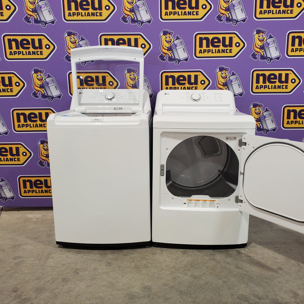 Pictures of LG Top Load 4.1 Cu. Ft. Washer with TurboDrum Technology in White WT6105CW - Scratch & Dent (Minor) and LG 7.3 Cu. Ft. Electric Rear Control Ultra Large Capacity Dryer in White with Sensor Dry 16075 - DLE6100W - Open Box - Neu Appliance Outlet - Discount Appliance Outlet in Austin, Tx
