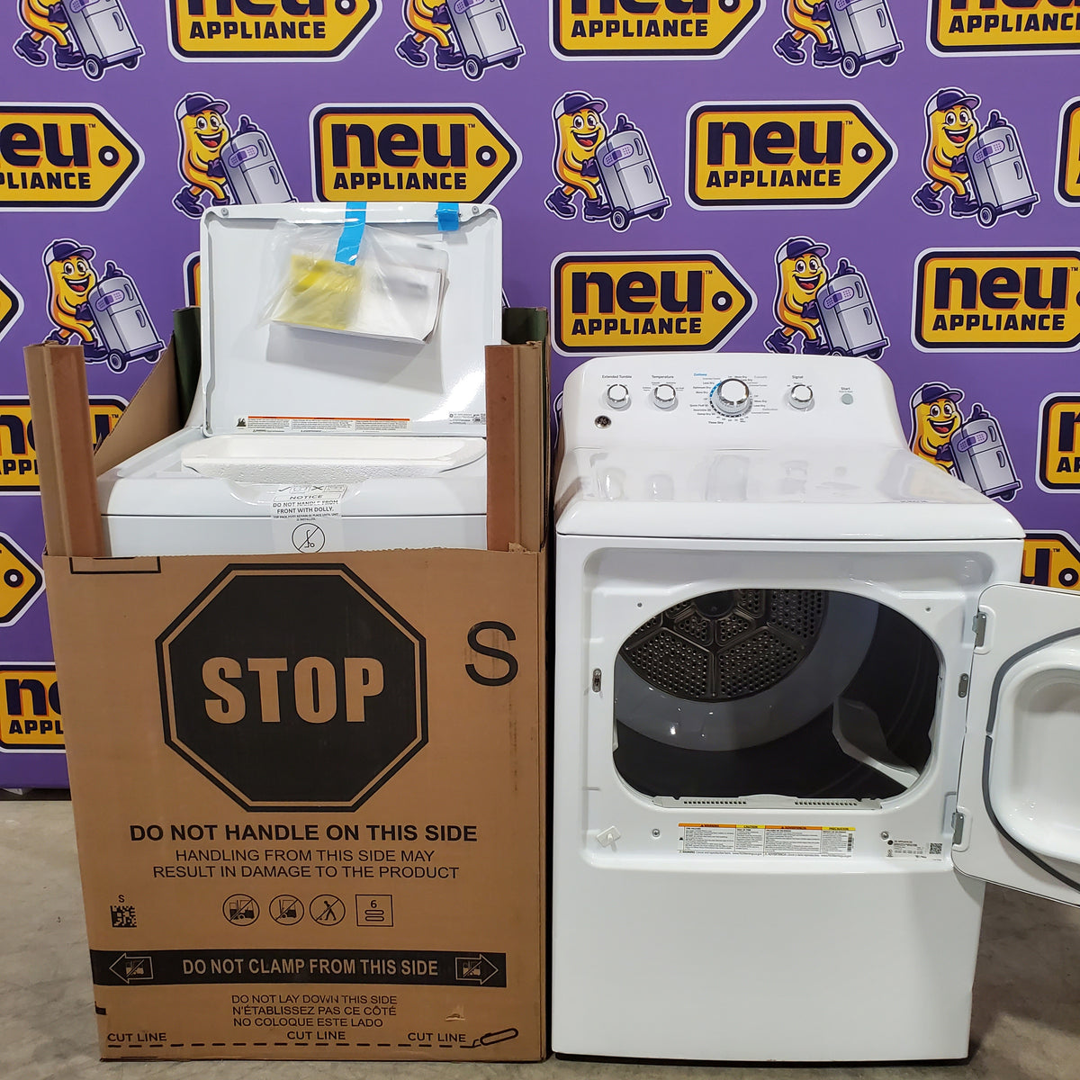 GE White Top Load 4.0 Cu. Ft. Capacity Washer with Stainless Steel Wash Basket GTW325ASWWW - New in Box and GE 7.2 cu. ft. Capacity Aluminized Alloy Drum Gas Dryer in White 16208 - GTD42GASJWW - Certified Refurbished