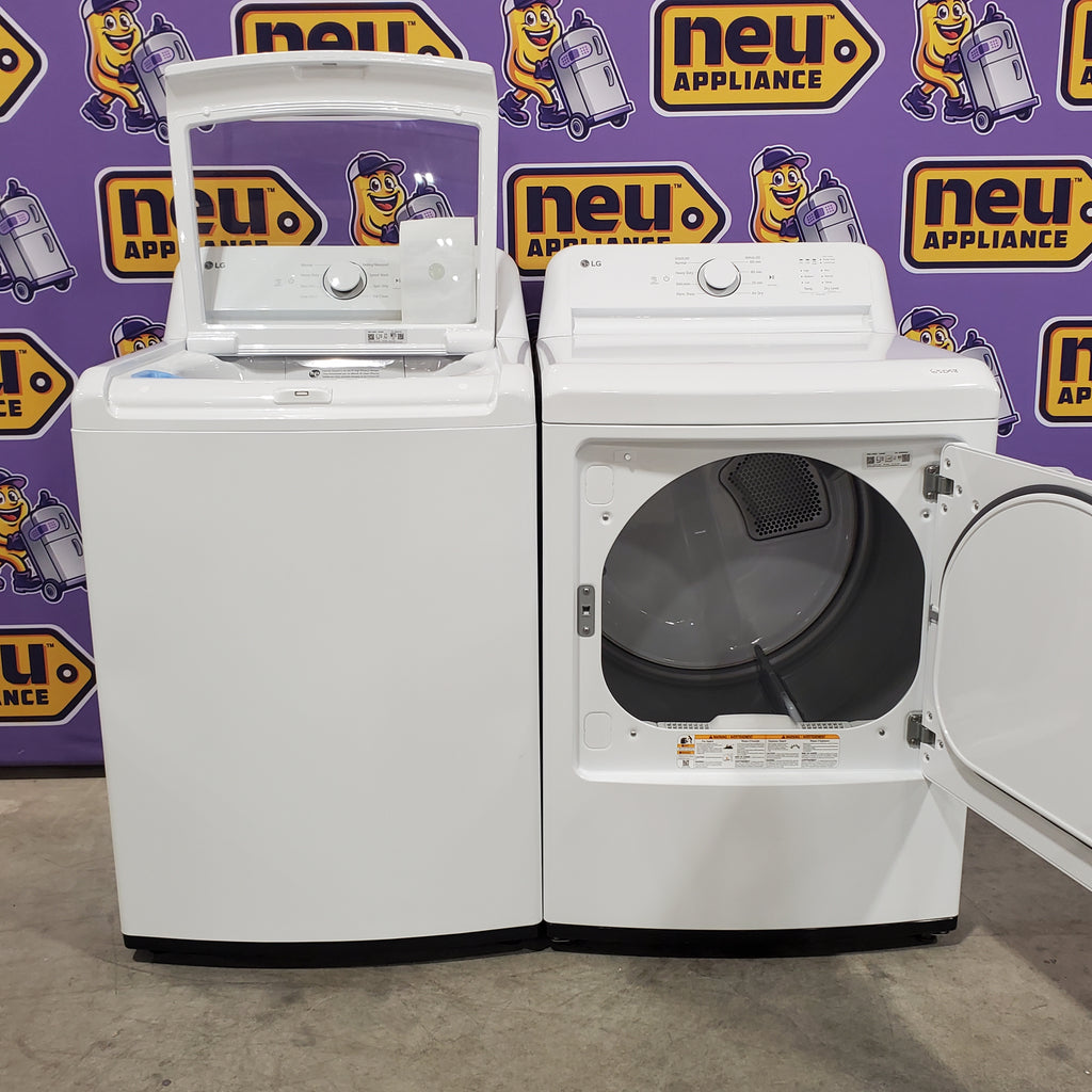 Pictures of LG Top Load 4.1 Cu. Ft. Washer with TurboDrum Technology in White WT6105CW - Scratch & Dent (Minor) and LG 7.3 Cu. Ft. Electric Rear Control Ultra Large Capacity Dryer in White with Sensor Dry 16122 - DLE6100W - Open Box - Neu Appliance Outlet - Discount Appliance Outlet in Austin, Tx