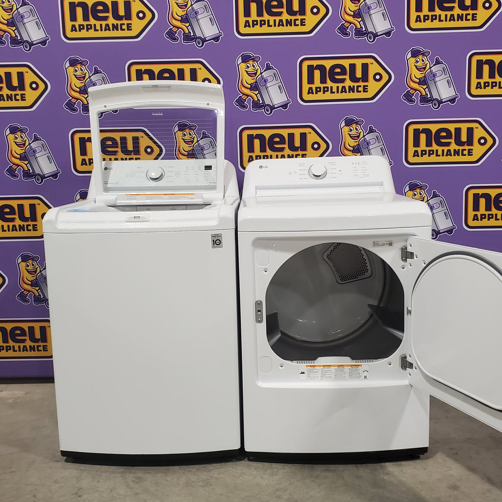 LG 4.3 cu. ft. Ultra Large Capacity Top Load Washer with 4-Way™ Agitator WT7005CW - Certified Refurbished and LG 7.3 Cu. Ft. Electric Rear Control Ultra Large Capacity Dryer with Sensor Dry 16082 - DLE6100W - Scratch & Dent (Minor)