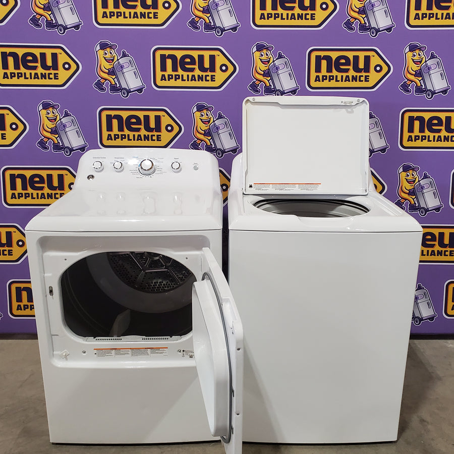 GE 4.5 cu. ft. Capacity Washer with Stainless Steel Basket in White GTW465ASNWW - Certified Refurbished and GE White Electric 7.2 Cu. Ft. Dryer with Aluminized Alloy Drum 16260 - GTD45EASJWS - Certified Refurbished