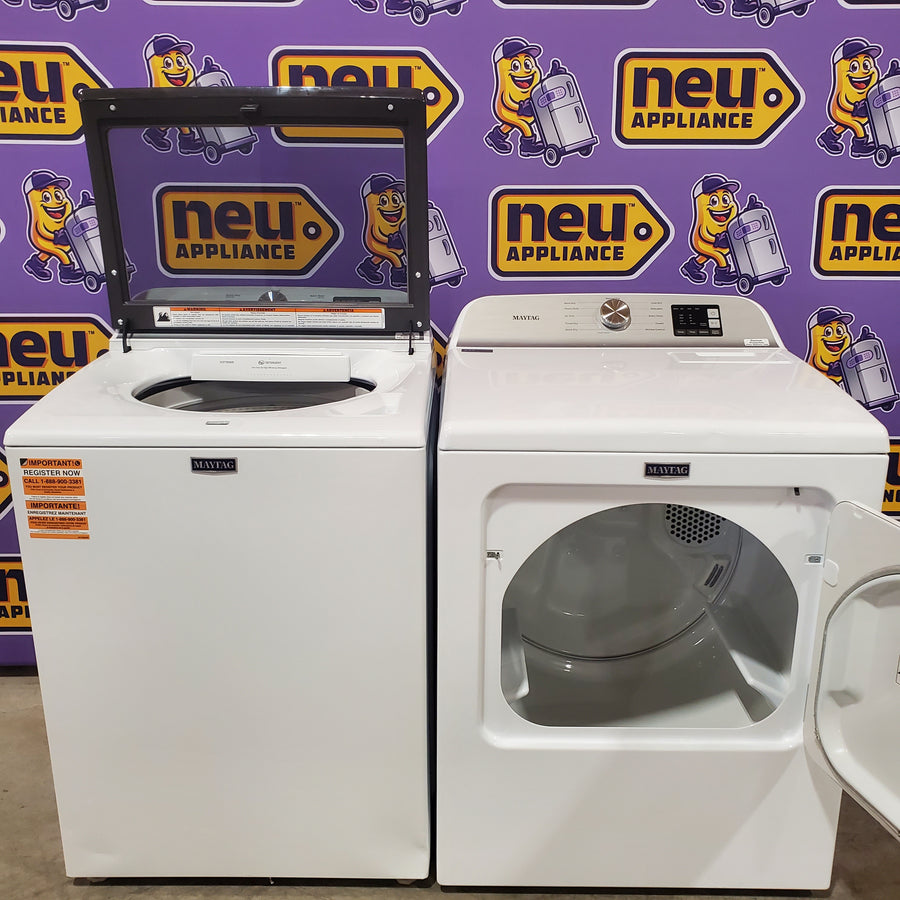 Maytag Top Load 4.8 cu ft Washer with Deep Fill and Slow-Close Glass Lid MVW6200KW - Scratch & Dent (Moderate) and Maytag 7.0 cu ft Electric Dryer with Moisture Sensing and Quick Dry Cycle 16232 - MED6200KW - Scratch & Dent (Minor)