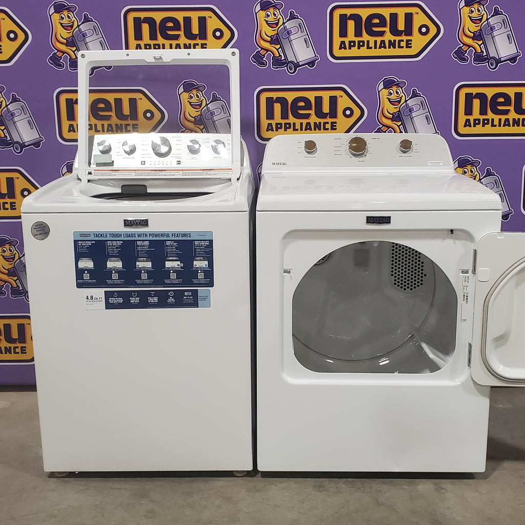 Pictures of MayTag 4.8 cu. ft. Top Load Washer with Extra Power, Built-In Water Faucet MVW5430MW - Scratch & Dent (Minor) and MayTag 7.0 cu. ft. Top Load Electric Wrinkle Prevent Dryer 16132 - MED4500MW - Open Box - Neu Appliance Outlet - Discount Appliance Outlet in Austin, Tx