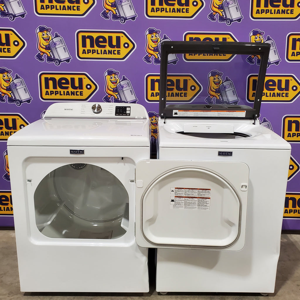 Pictures of Maytag Top Load 4.8 cu ft Washer with Deep Fill and Slow-Close Glass Lid MVW6200KW - Scratch & Dent (Major) and Maytag 7.0 cu ft Electric Dryer with Moisture Sensing and Quick Dry Cycle 16174 - MED6200KW - Scratch & Dent (Major) - Neu Appliance Outlet - Discount Appliance Outlet in Austin, Tx