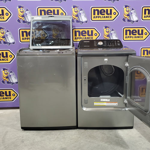 Samsung 4.5 cu. ft. Capacity Top Load Washer with Active WaterJet in Platinum WA45T3400AP - Certified Refurbished and Samsung Platinum Electric 7.4 Cu. Ft. Dryer with Sensor Dry 16065 - DVE45T3400P - Certified Refurbished