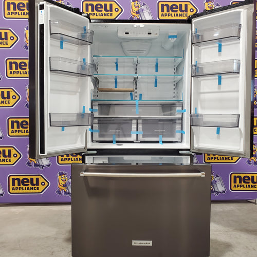 Pictures of KitchenAid Black Stainless 36 in. 20 cu. ft. Counter Depth French Door Refrigerator with Wood-Look Nesting Shelf and Full Width Pantry Drawer KRFC136RBS - Scratch & Dent (Minor) - Neu Appliance Outlet - Discount Appliance Outlet in Austin, Tx