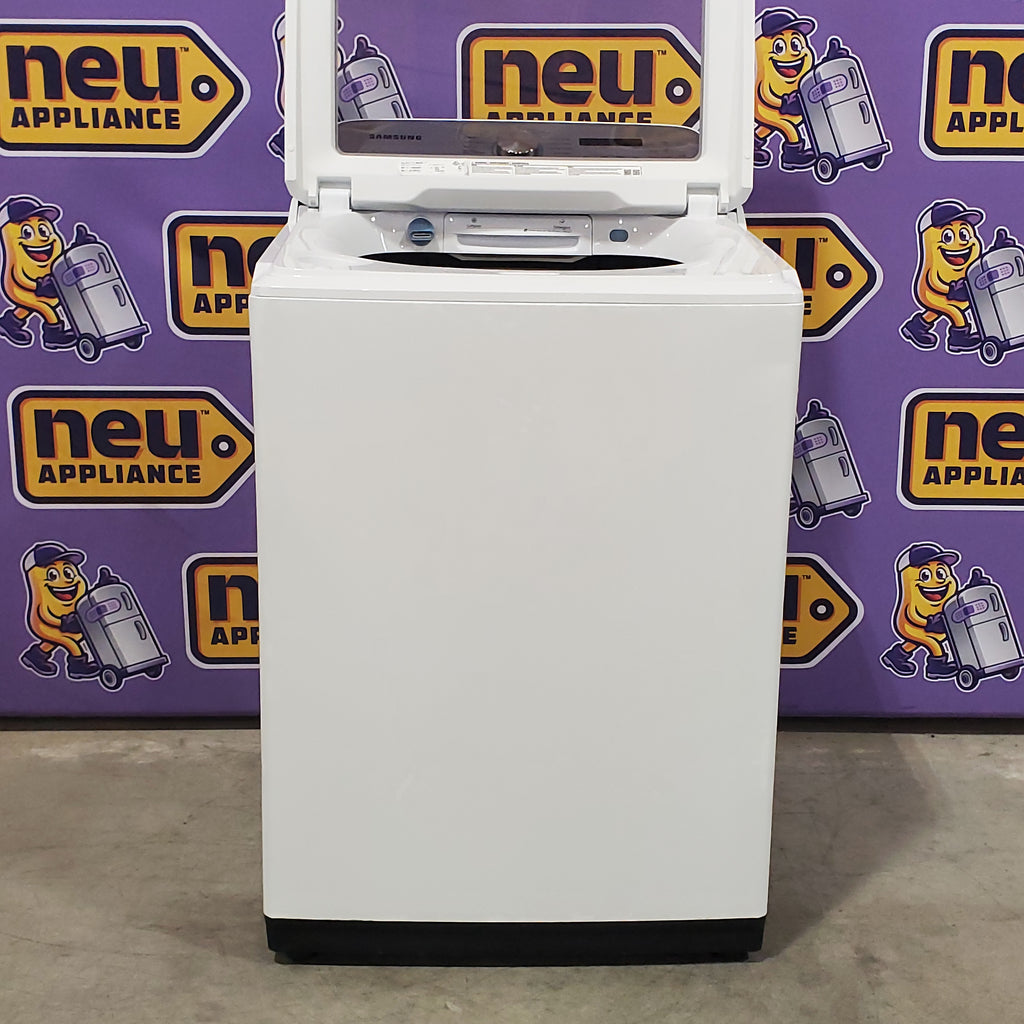 Samsung 5.0 cu. ft. Top Load Washing Machine with Active Water Jet 1CR04014 - WA50R5200AW - Certified Refurbished and Samsung White Smart Electric 7.4 Cu. Ft. Dryer with Sensor Dry and Steam Sanitize+ 16106 - DVE52A5500W - Scratch & Dent (Minor)