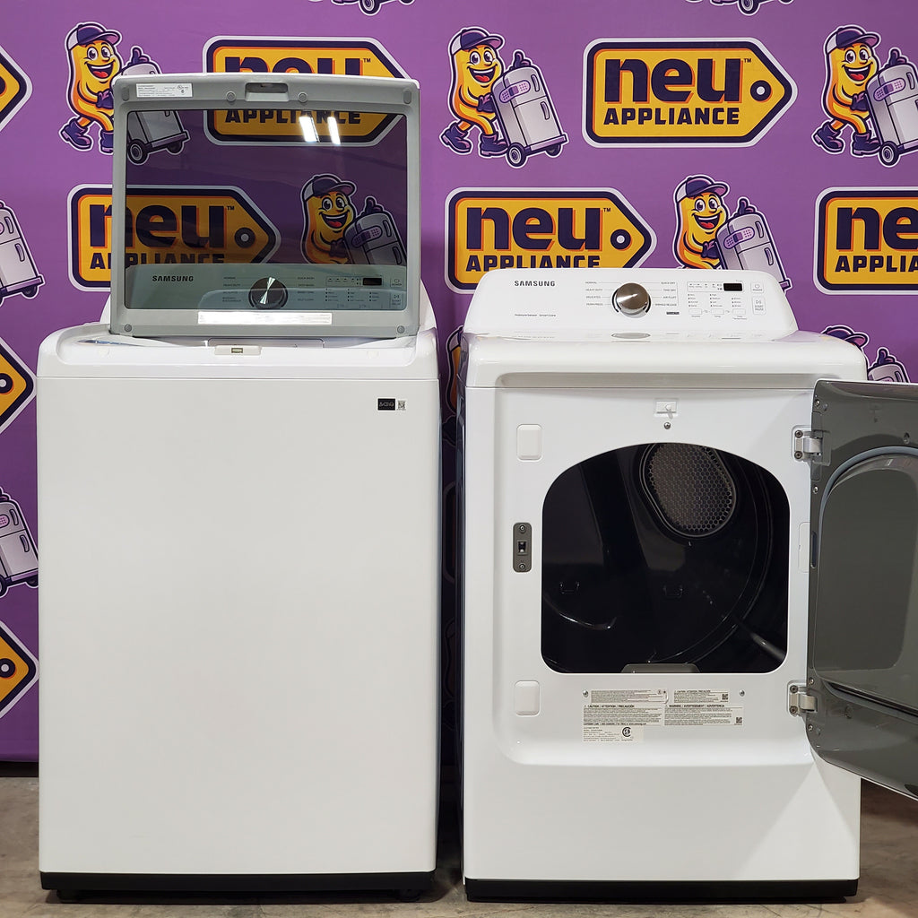 Pictures of Samsung 4.4 cu. ft. Top Load Washer with ActiveWave™ Agitator and Soft-Close Lid in White WA44A3205AW Open Box and Samsung 7.2 cu. ft. Gas Dryer with Sensor Dry in White DVG45T3200W - Scratch & Dent (Minor) - Neu Appliance Outlet - Discount Appliance Outlet in Austin, Tx