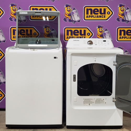 Pictures of Samsung 4.4 cu. ft. Top Load Washer with ActiveWave™ Agitator and Soft-Close Lid in White WA44A3205AW Open Box and Samsung 7.2 cu. ft. Gas Dryer with Sensor Dry in White DVG45T3200W - Scratch & Dent (Minor) - Neu Appliance Outlet - Discount Appliance Outlet in Austin, Tx