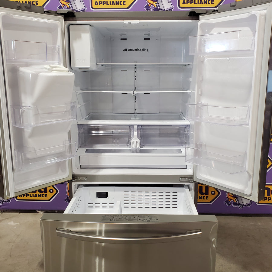Samsung 26.5 cu. ft. Large Capacity 3-Door French Door Refrigerator with Family Hub™ and External Water & Ice Dispenser in Stainless Steel RF27T5501SR - Scratch & Dent (Major)
