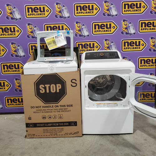 GE 4.5 cu. ft. Capacity Washer with Water Level Control GTW585BSVWS - New in Box and GE Electric 7.4 Cu. Ft. Front Load Dryer with Sensor Dry in White 16100 - GTD58EBSVWS - Scratch & Dent (Minor)