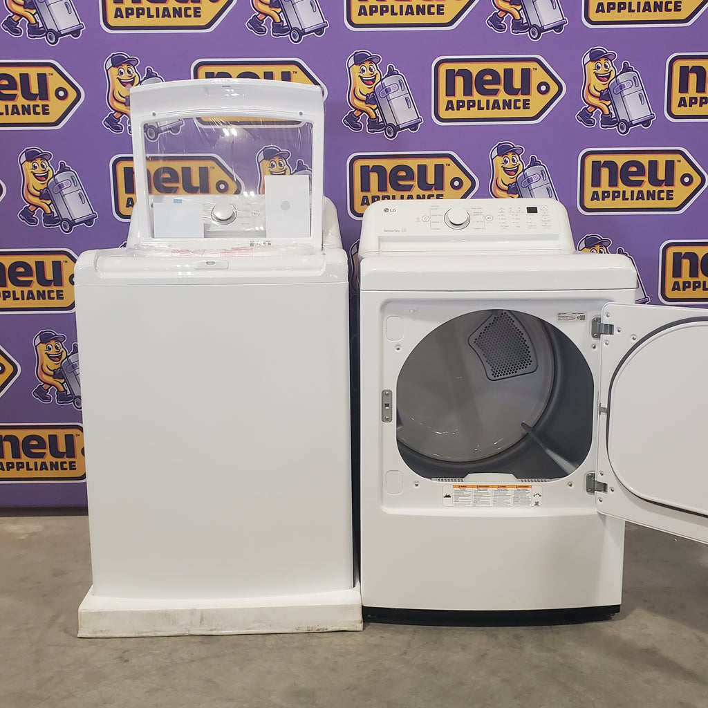 LG White Top Load 4.5 Cu. Ft. Washer with NeveRust Drum and TurboDrum Technology WT7000CW - New in Box and LG 7.3 cu. ft. Ultra Large High Efficiency Electric Dryer in White 16067 - DLE7000W - Scratch & Dent (Minor)