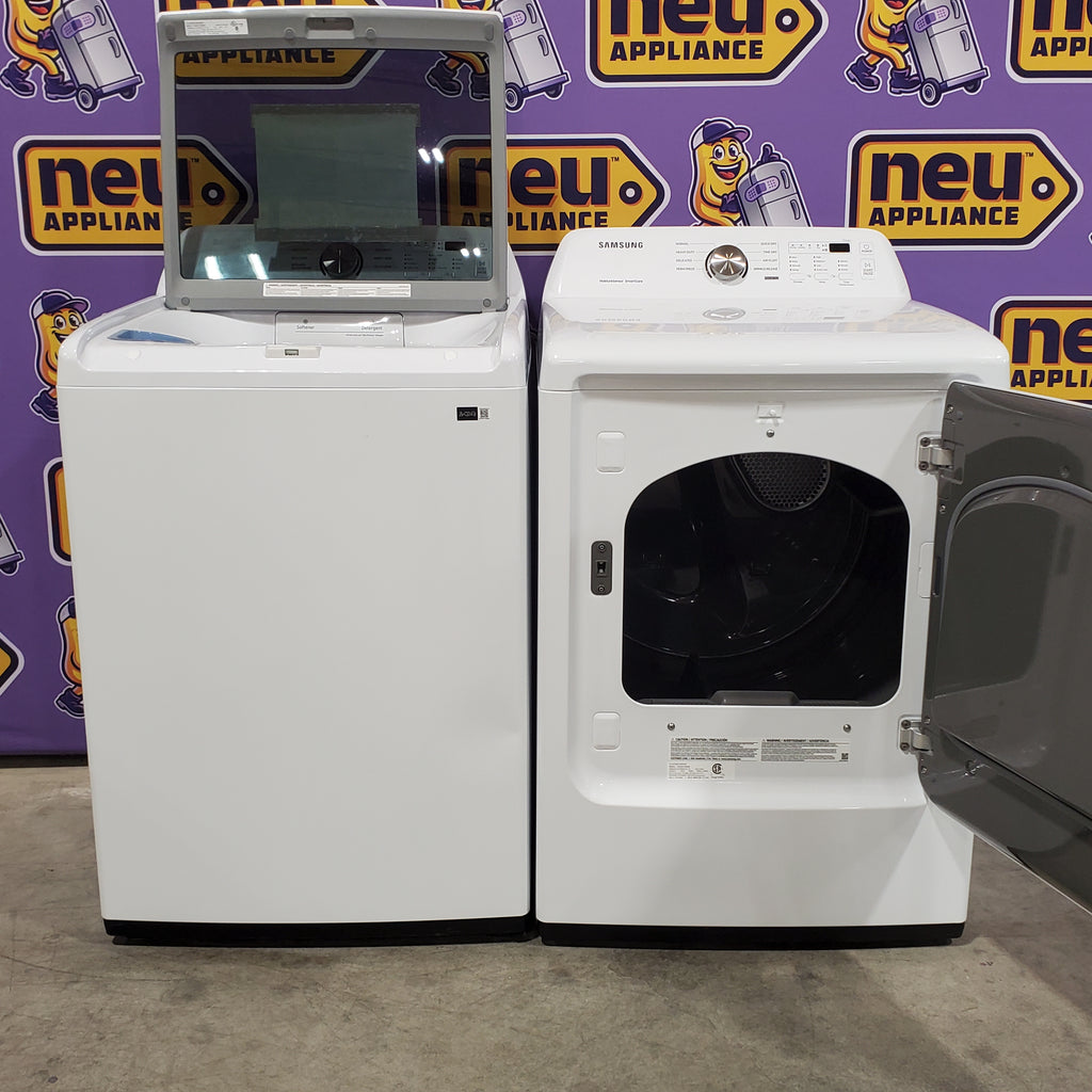 Pictures of Samsung 4.5 cu. ft. Top Load Washer with Vibration Reduction Technology+ in White WA45T3200AW - Scratch & Dent (Minor) and Samsung 7.2 cu. ft. Electric Dryer with Sensor Dry in White 16127 - DVE45T3200W - Open Box - Neu Appliance Outlet - Discount Appliance Outlet in Austin, Tx