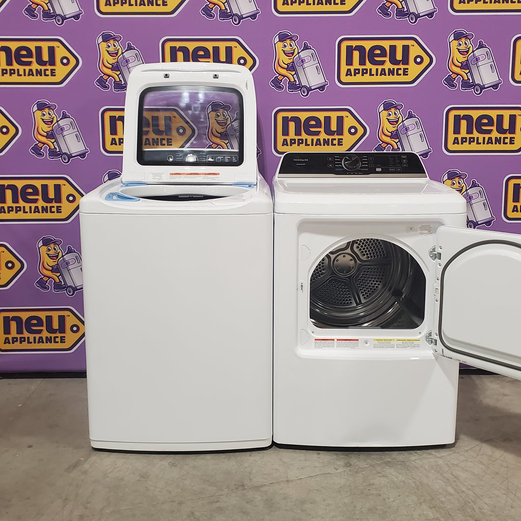 Frigidaire 4.1 Cu. Ft. Top Load Washer with 12 Wash Cycles and Quick Wash Cycle FFTW4120SW - Scratch and Dent (Minor) and Frigidaire 7 Cu. Ft. Electric Dryer in White 16116 - FLVE7523BW - Scratch & Dent (Moderate)