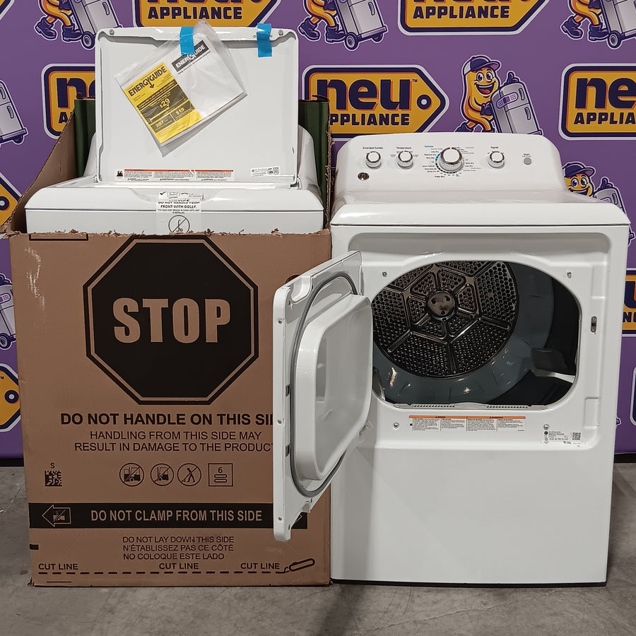 GE White Top Load 4.0 Cu. Ft. Capacity Washer with Stainless Steel Wash Basket GTW325ASWWW - New in Box and GE White Electric 7.2 Cu. Ft. Dryer with Aluminized Alloy Drum 16239 - GTD42EASJWW - Certified Refurbished