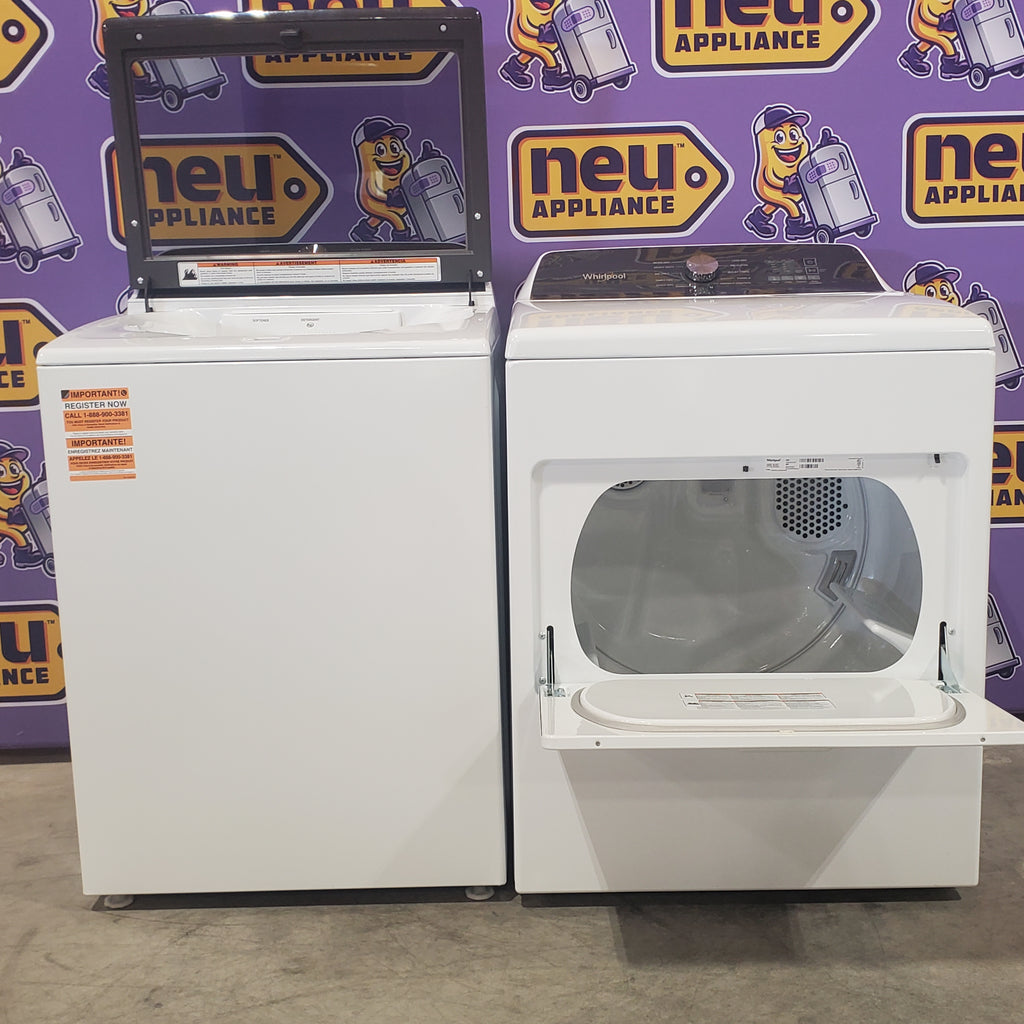 Whirlpool 5.2–5.3 Cu. Ft. Top Load Washer in White with Removable Agitator WTW6157PW - Open Box and Whirlpool 7.0 cu. ft. Electric Dryer with Hamper Door 16062 - WED5010LW - Open Box
