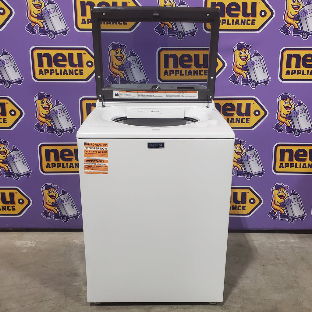 Pictures of Maytag Top Load 4.8 cu ft Washer with Deep Fill and Slow-Close Glass Lid MVW6200KW - Scratch & Dent (Moderate) and Maytag 7.0 cu ft Electric Dryer with Moisture Sensing and Quick Dry Cycle T8713 - MED6200KW - Scratch & Dent (Minor) - Neu Appliance Outlet - Discount Appliance Outlet in Austin, Tx