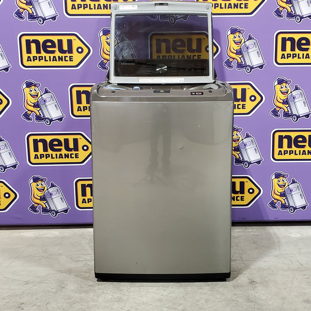 Samsung 4.5 cu. ft. Capacity Top Load Washer with Active WaterJet in Platinum WA45T3400AP - Certified Refurbished and Samsung Platinum Electric 7.4 Cu. Ft. Dryer with Sensor Dry 16065 - DVE45T3400P - Certified Refurbished