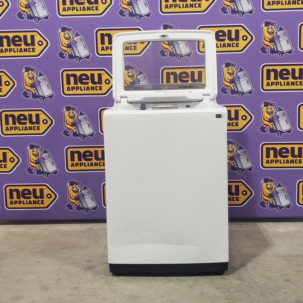 Pictures of Samsung White Top Load 5.0 Cu. Ft. Washer with Active Water Jet WA50R5200AW - Certified Refurbished and Samsung White Electric 7.4 Cu. Ft. Dryer with Sensor Dry DVE50R5200W - Open Box - Neu Appliance Outlet - Discount Appliance Outlet in Austin, Tx