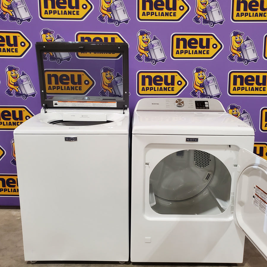 Maytag Top Load 4.8 cu ft Washer with Deep Fill and Slow-Close Glass Lid MVW6200KW - Scratch & Dent (Moderate) and Maytag 7.0 cu ft Gas Dryer with Moisture Sensing and Quick Dry Cycle 16175 - MED6200KW - Scratch & Dent (Minor)