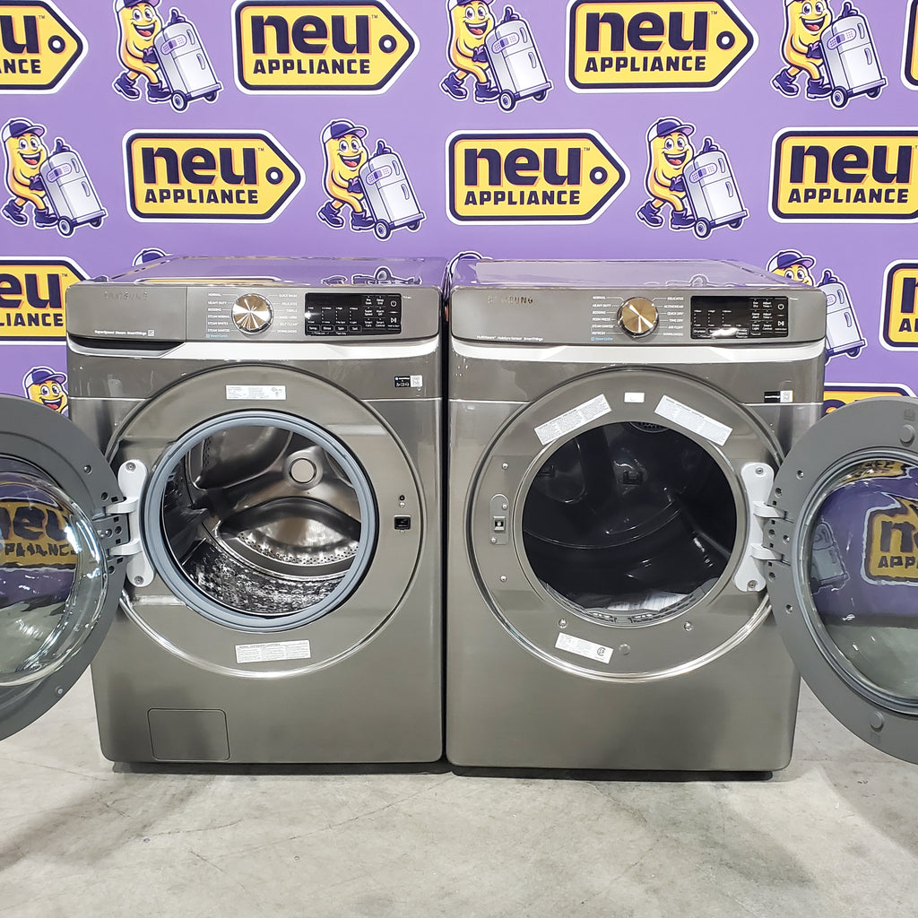 Samsung 4.5 cu. ft. Large Capacity Smart Front Load Washer with Super Speed Wash in Platinum WF45B6300AP - Scratch & Dent (Minor) and Samsung 7.5 cu. ft. Front Load Electric Dryer with Steam 16135 - DVE45B6300P - Scratch & Dent (Minor)