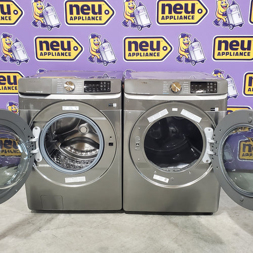 Samsung 4.5 cu. ft. Large Capacity Smart Front Load Washer with Super Speed Wash in Platinum WF45B6300AP - Scratch & Dent (Minor) and Samsung 7.5 cu. ft. Front Load Electric Dryer with Steam 16135 - DVE45B6300P - Scratch & Dent (Minor)