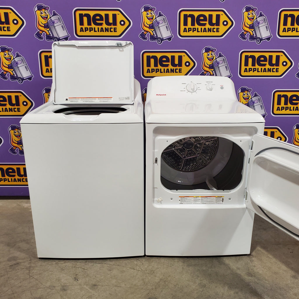 Hotpoint® 4.0 cu. ft. Capacity Washer with Cold Plus and Water Level Control HTW265ASWWW - Open Box and Hotpoint 6.2 cu. ft. Capacity Electric Dryer with Up To 120 ft. Venting and Shallow Depth 16183 - HTX26EASWWW - Scratch & Dent (Moderate)