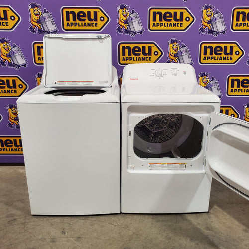 Hotpoint® 4.0 cu. ft. Capacity Washer with Cold Plus and Water Level Control HTW265ASWWW - Open Box and Hotpoint 6.2 cu. ft. Capacity Electric Dryer with Up To 120 ft. Venting and Shallow Depth 16183 - HTX26EASWWW - Scratch & Dent (Moderate)