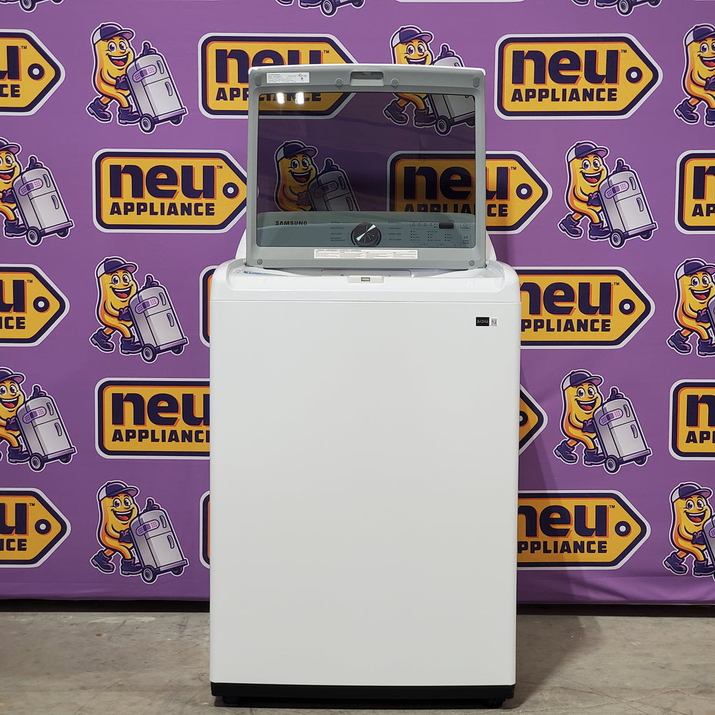 Pictures of Samsung 4.4 cu. ft. Top Load Washer with ActiveWave™ Agitator and Soft-Close Lid in White WA44A3205AW Open Box and Samsung 7.2 cu. ft. Gas Dryer with Sensor Dry in White DVG45T3200W - Scratch & Dent (Minor) - Neu Appliance Outlet - Discount Appliance Outlet in Austin, Tx